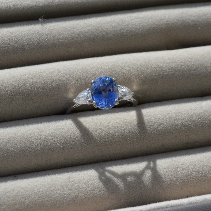 Ceylon Cornflower Blue Sapphire and Pear Shaped Diamond Engagement Ring