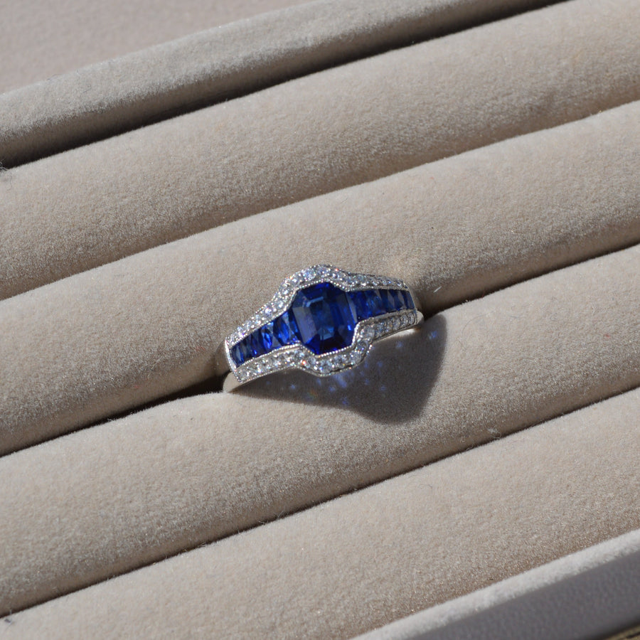 Geometric Sapphire and Diamond Ring