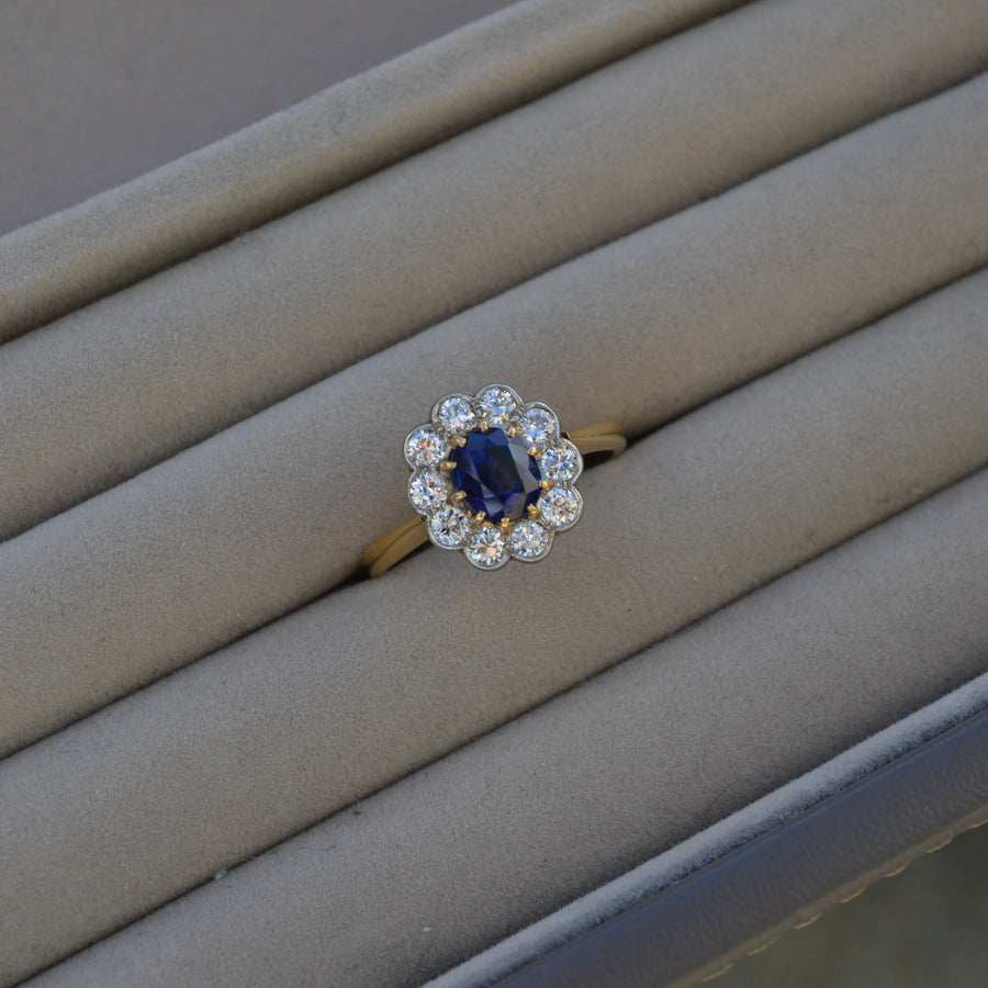 Antique Sapphire and Diamond Cluster Engagement Ring