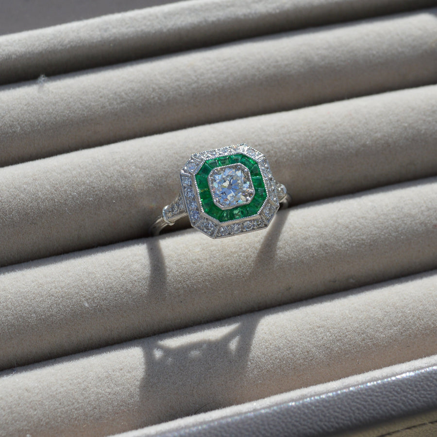 Art Deco Style Emerald and Diamond Octagon Target Engagement Ring