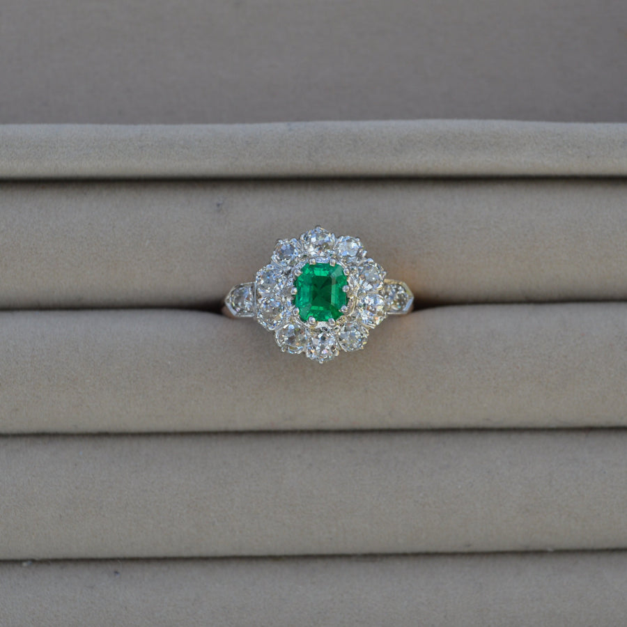 Antique Emerald and Diamond Cluster Engagement Ring