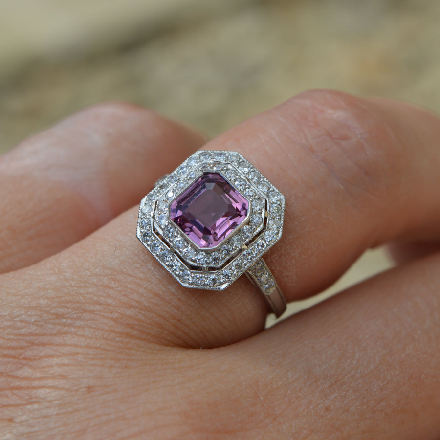 Colourful 1ct Asscher Cut Pink Spinel and Diamond Engagement Ring