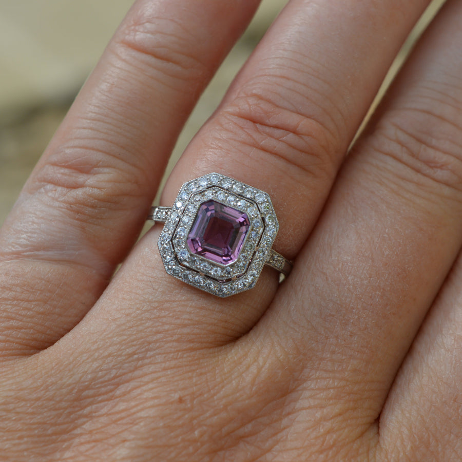 Colourful 1ct Asscher Cut Pink Spinel and Diamond Engagement Ring