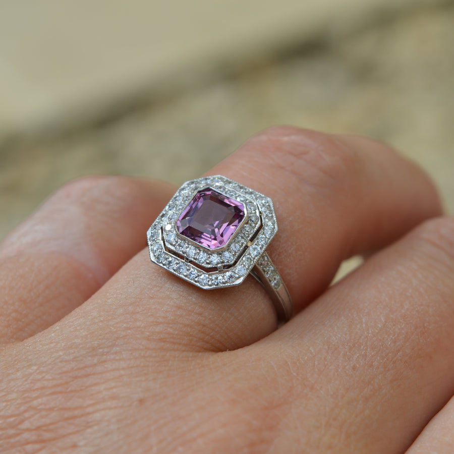 Colourful 1ct Asscher Cut Pink Spinel and Diamond Engagement Ring