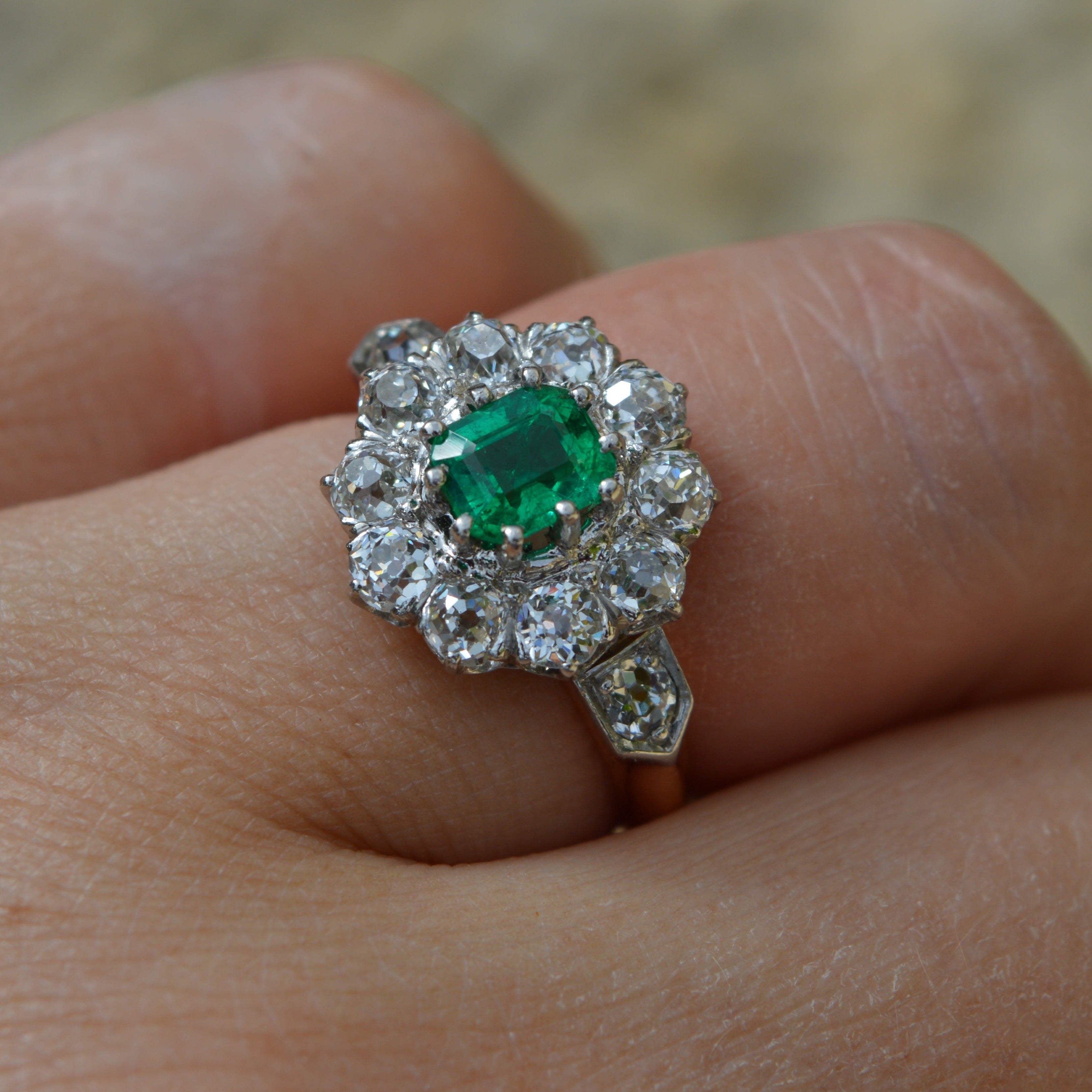 Antique Emerald and Diamond Cluster Engagement Ring