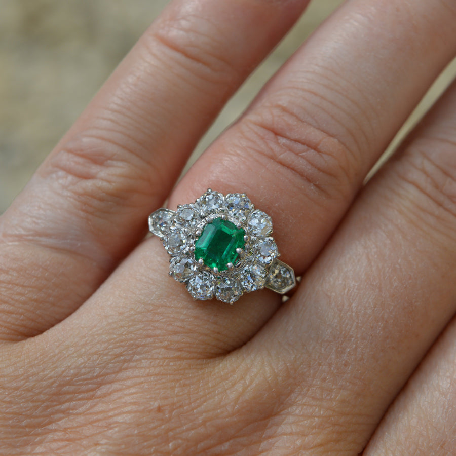 Antique Emerald and Diamond Cluster Engagement Ring