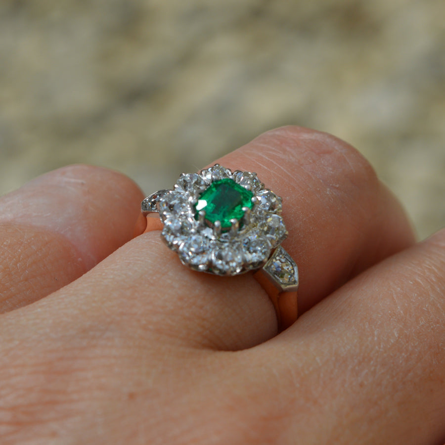 Antique Emerald and Diamond Cluster Engagement Ring