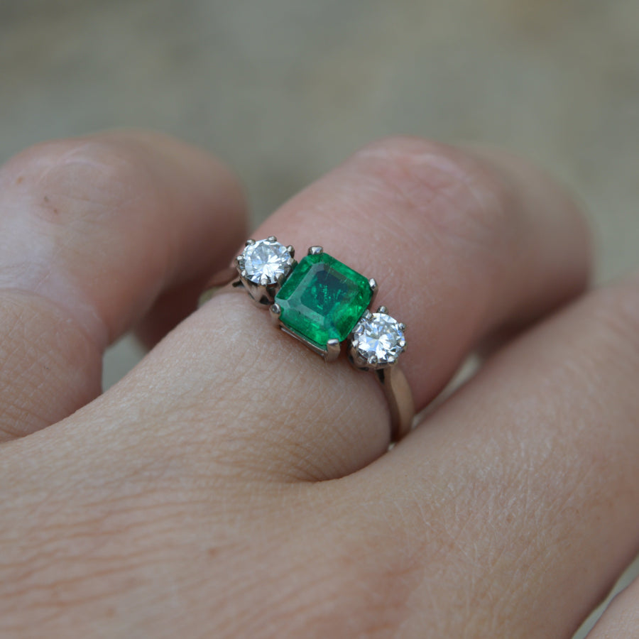 Emerald and Diamond Three Stone Diamond Engagement Ring