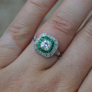 Art Deco Style Emerald and Diamond Octagon Target Engagement Ring