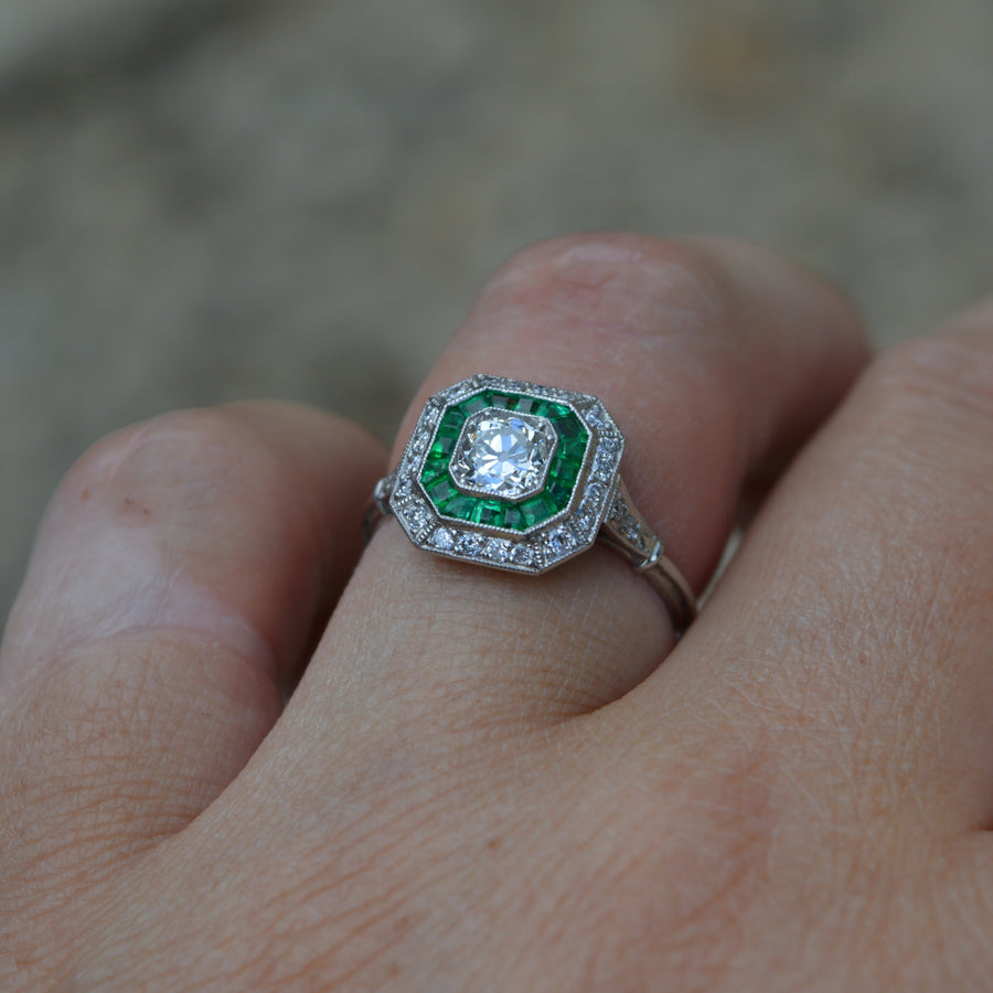 Art Deco Style Emerald and Diamond Octagon Target Engagement Ring