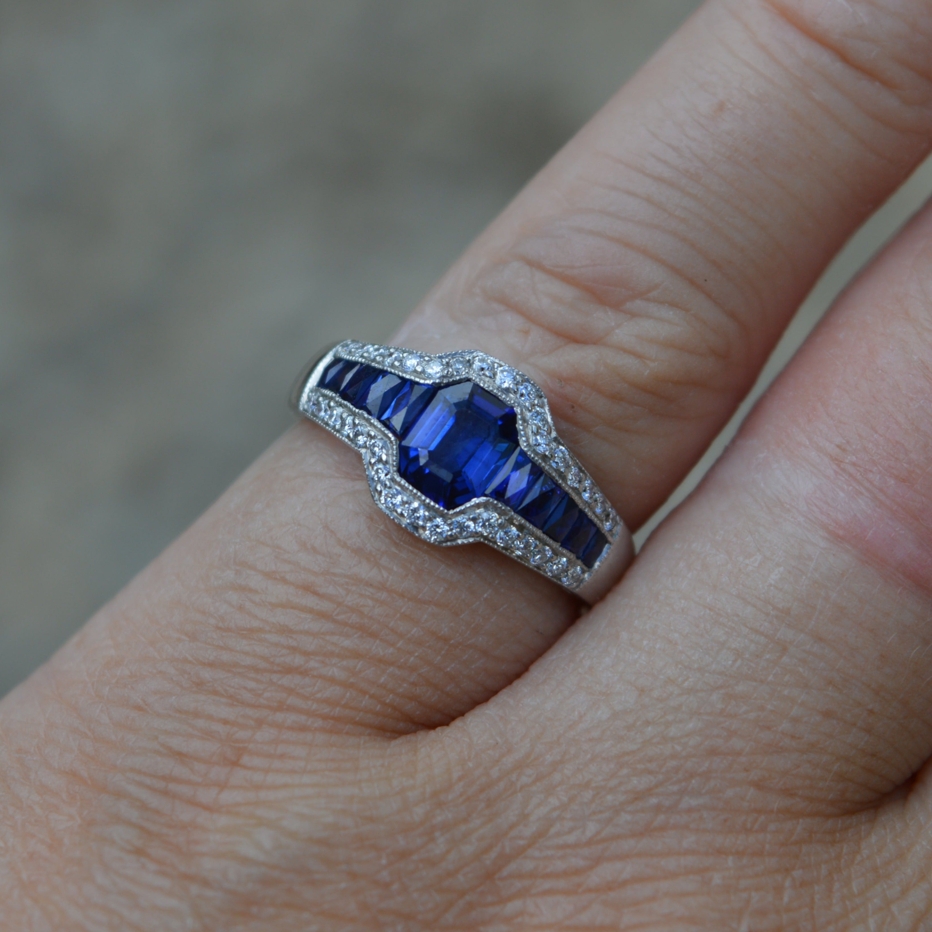 Geometric Sapphire and Diamond Ring