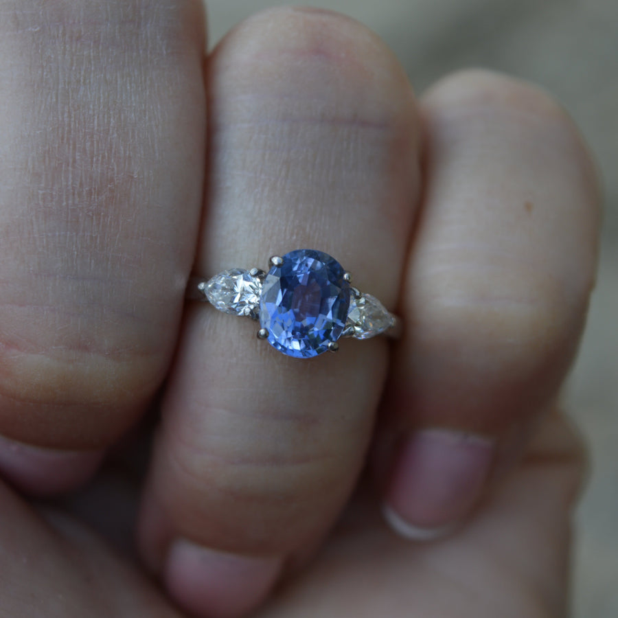 Ceylon Cornflower Blue Sapphire and Pear Shaped Diamond Engagement Ring