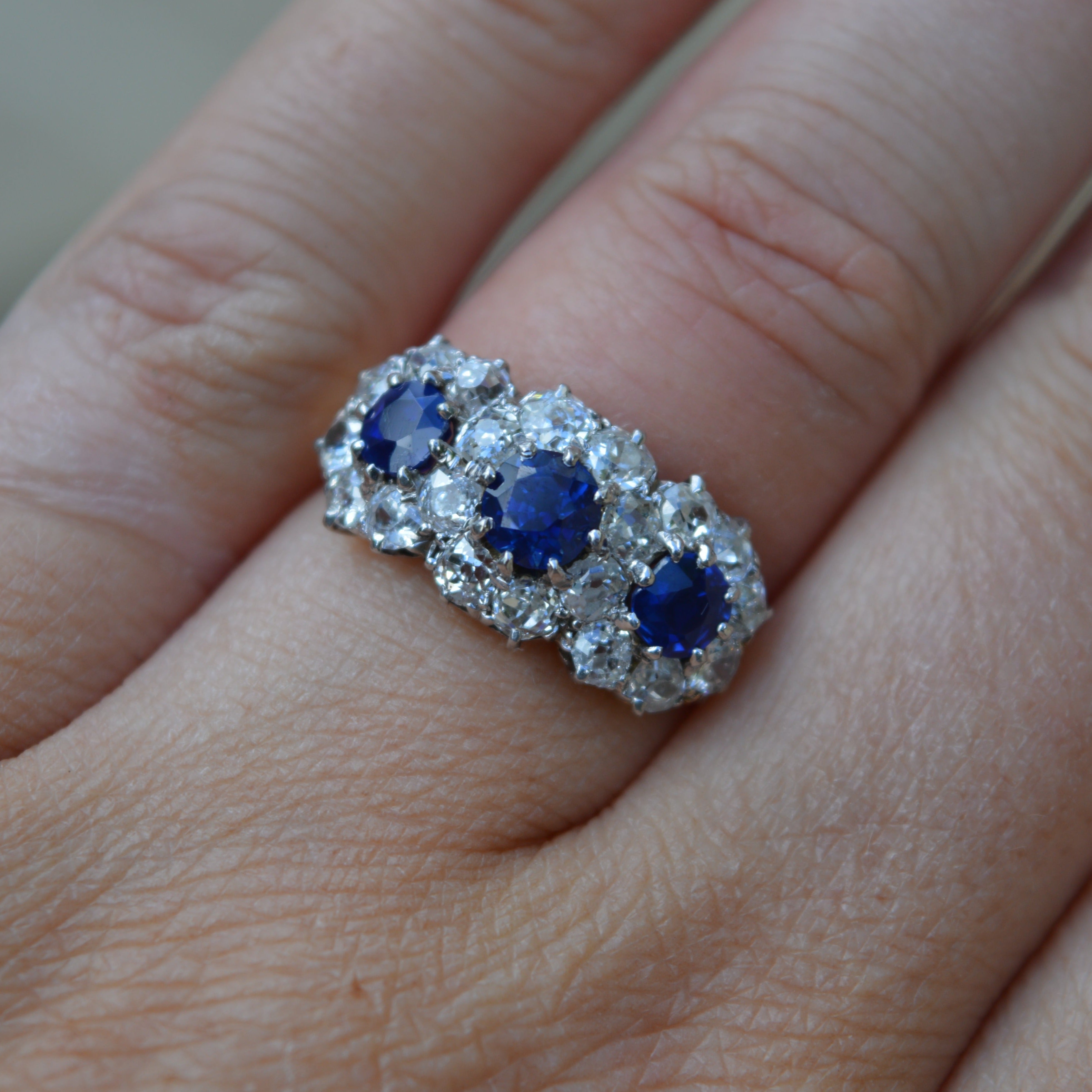 Antique Sapphire and Diamond Three Stone Cluster Ring