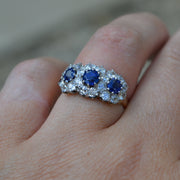 Antique Sapphire and Diamond Three Stone Cluster Ring