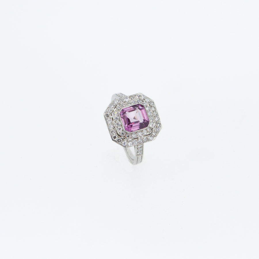 Colourful 1ct Asscher Cut Pink Spinel and Diamond Engagement Ring