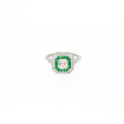 Art Deco Style Emerald and Diamond Octagon Target Engagement Ring