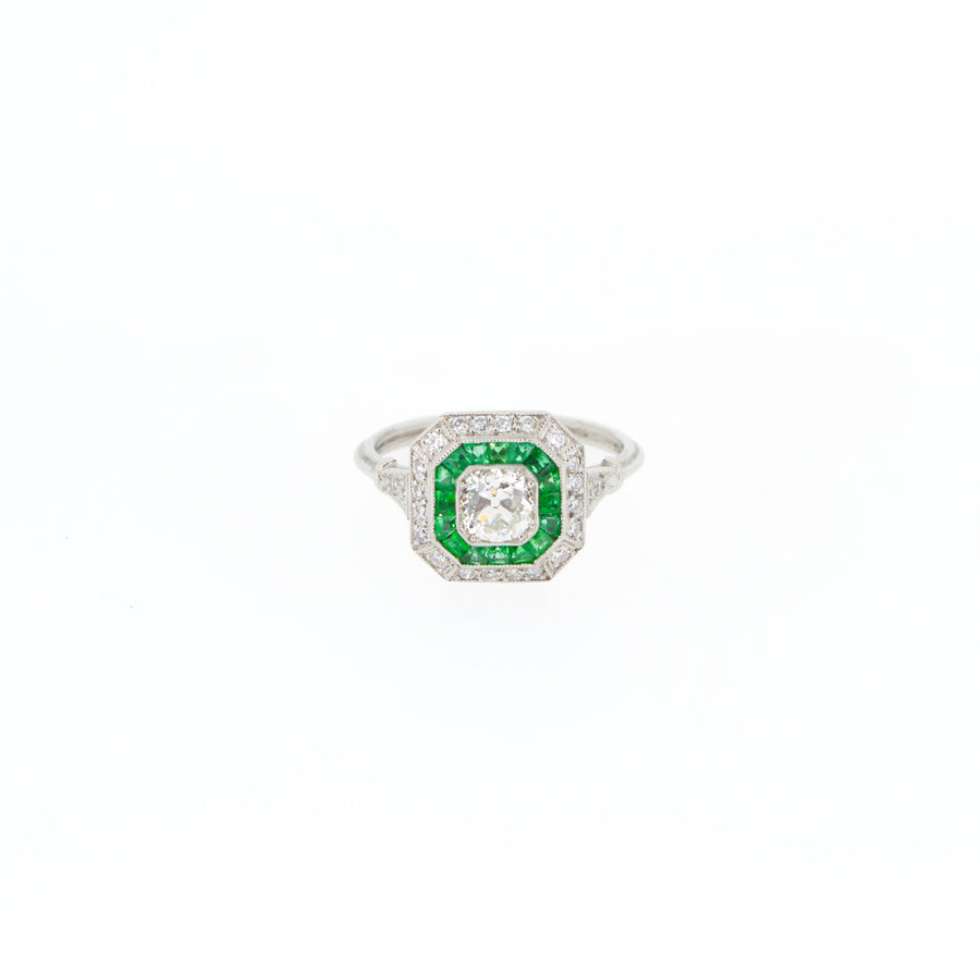 Art Deco Style Emerald and Diamond Octagon Target Engagement Ring