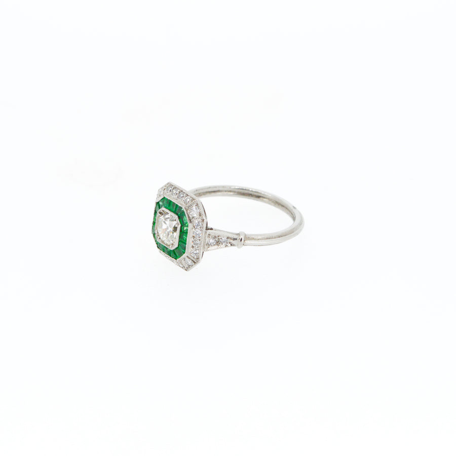 Art Deco Style Emerald and Diamond Octagon Target Engagement Ring