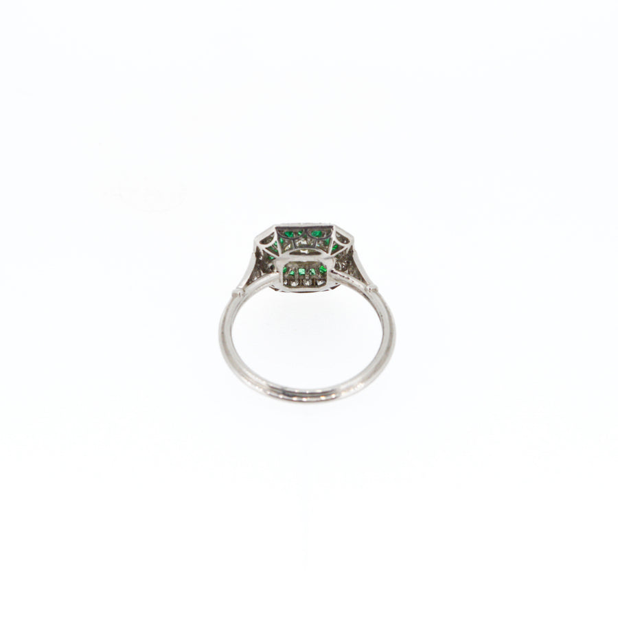 Art Deco Style Emerald and Diamond Octagon Target Engagement Ring