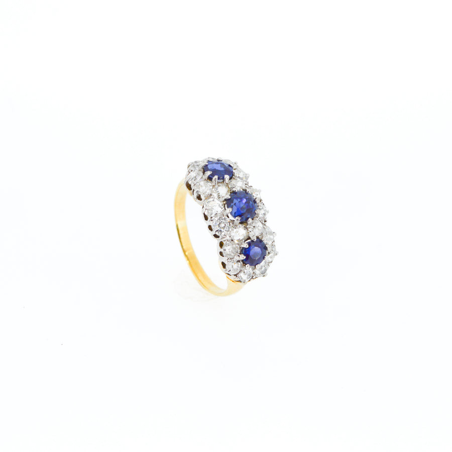 Antique Sapphire and Diamond Three Stone Cluster Ring