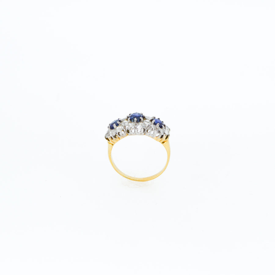 Antique Sapphire and Diamond Three Stone Cluster Ring