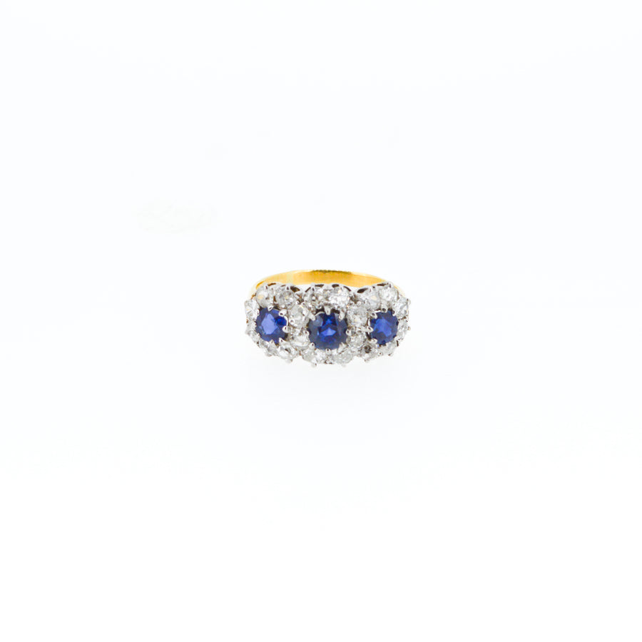 Antique Sapphire and Diamond Three Stone Cluster Ring