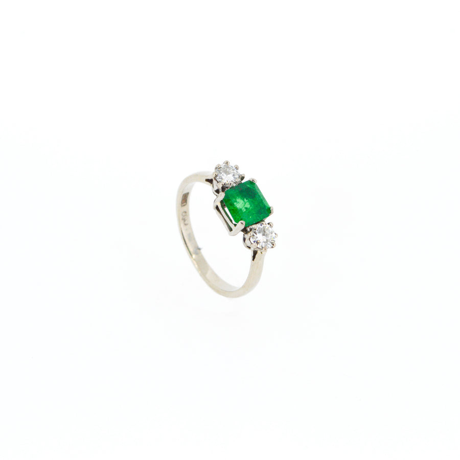 Emerald and Diamond Three Stone Diamond Engagement Ring