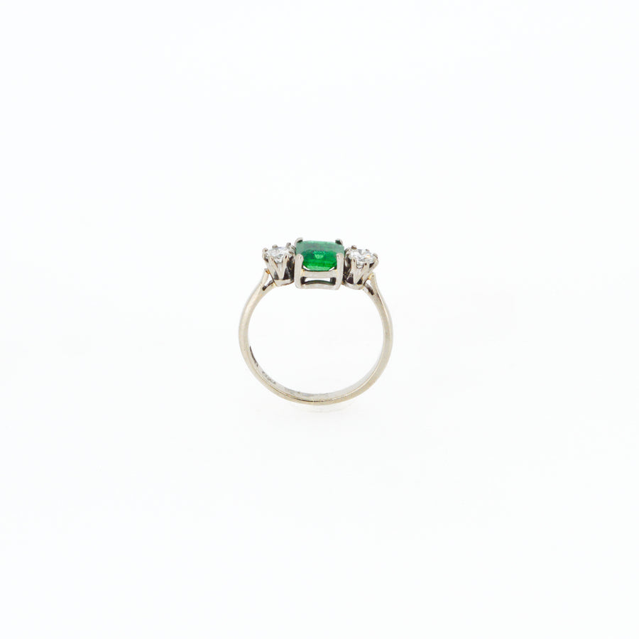 Emerald and Diamond Three Stone Diamond Engagement Ring